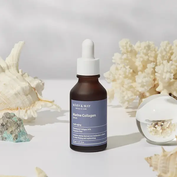 Εφαρμογή MARY & MAY Marine Collagen Serum για αντιγήρανση και λάμψη
